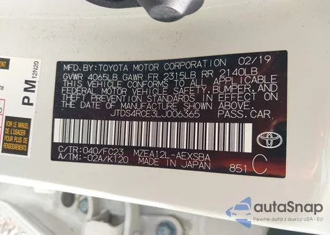 2020 Toyota Corolla Se from USA, damaged, VIN JTDS4RCE3LJ006365